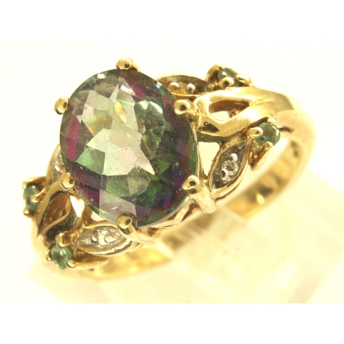 10 - 9ct gold mystic topaz alexandrite and diamond ring, with certificate, size N, 3.7g. P&P Group 1 (£14... 