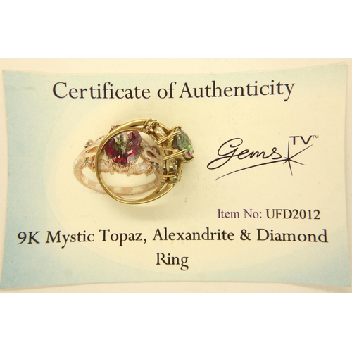 10 - 9ct gold mystic topaz alexandrite and diamond ring, with certificate, size N, 3.7g. P&P Group 1 (£14... 