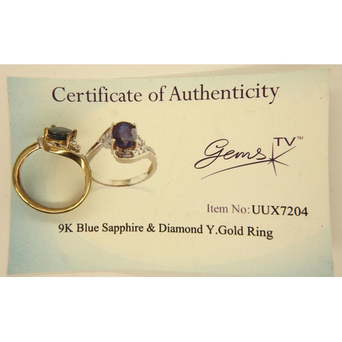 12 - 9ct gold blue sapphire and diamond ring with certificate, size N, 2.8g. P&P Group 1 (£14+VAT for the... 