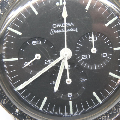 138 - Omega Speedmaster; 1963 model on Omega steel bracelet, black dial, working at lotting. Inner case nu... 