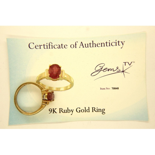 14 - 9ct gold set solitaire ring, with certificate, ruby 1.8ct, 3.1g. P&P Group 1 (£14+VAT for the first ... 