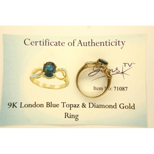 16 - 9ct gold blue topaz and diamond ring, with certificate, size N, 2.7g. P&P Group 1 (£14+VAT for the f... 