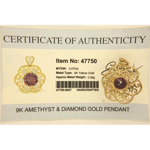 42 - 9ct gold amethyst and diamond set pendant, with certificate, 3.3g. P&P Group 1 (£14+VAT for the firs... 