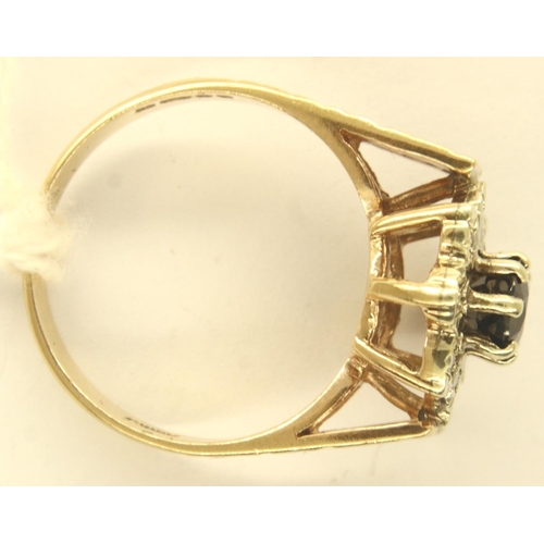 45 - 9ct gold diamond and sapphire cluster ring, Size O, 3.7g. P&P Group 1 (£14+VAT for the first lot and... 