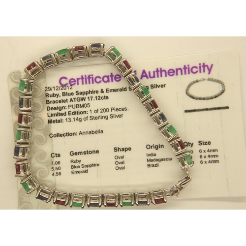 54 - 925 silver ruby sapphire and emerald bracelet, L: 19 cm, with certificate. P&P Group 1 (£14+VAT for ... 