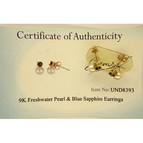 56 - 9ct gold freshwater pearl and blue sapphire earrings, with certificate, combined 1.1g. P&P Group 1 (... 