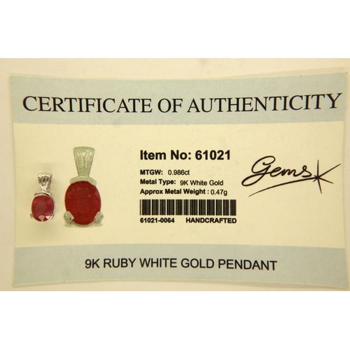 6 - 9ct white gold ruby pendant, ruby 0.99ct, 0.8g. P&P Group 1 (£14+VAT for the first lot and £1+VAT fo... 