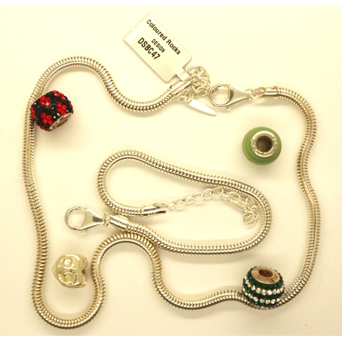 62 - 925 silver bracelet and necklace with eighteen silver bead charms in a Stackers box. P&P Group 1 (£1... 