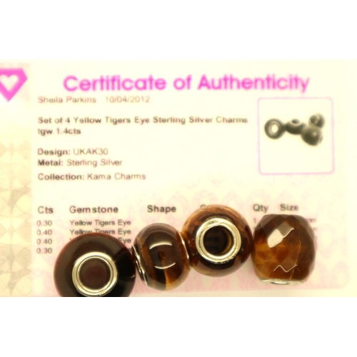 65 - Ten silver Kama charms, rose quartz (3), tigers eye (4) and fluorite (3), with certificate. P&P Grou... 