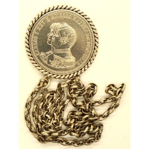 66 - 925 silver neckl chain with mounted coin, boxed. P&P Group 1 (£14+VAT for the first lot and £1+VAT f... 