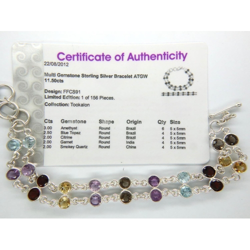 88 - Silver multi gemstone bracelet and a silver garnet bracelet, with certificates. Silver L: 20 cm, Mul... 