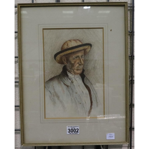 3002 - Unattributed early 20th century pastel on paper, elderly gentleman, unsigned, 17 x 26 cm. P&P Group ... 