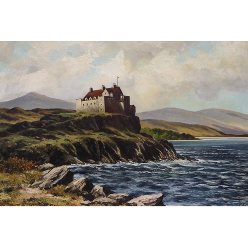 3012 - T R Sanderson (20th century): oil on board, Duart Castle Isle of Mull, with gifting letter verso, 60... 