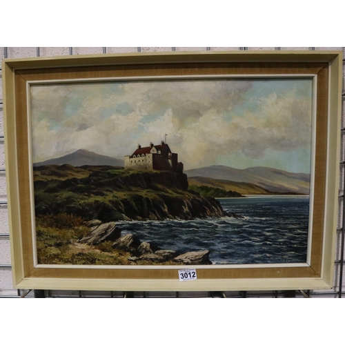 3012 - T R Sanderson (20th century): oil on board, Duart Castle Isle of Mull, with gifting letter verso, 60... 