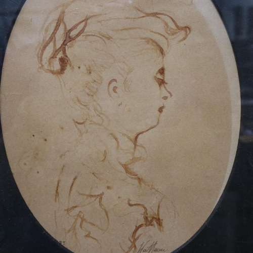 3013 - 19th century unattributed ink on paper sketch of a young girl, indistinctly signed, H: 20 cm. Not av... 