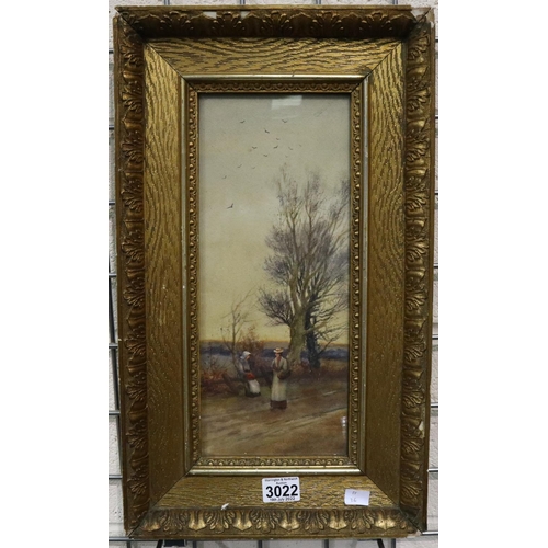 3022 - An unattributed 19th century watercolour, figures on a country lane, unsigned, 36 x 15 cm. Not avail... 