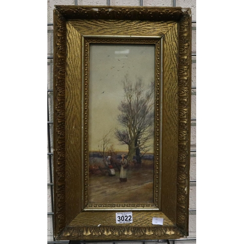 3022 - An unattributed 19th century watercolour, figures on a country lane, unsigned, 36 x 15 cm. Not avail... 