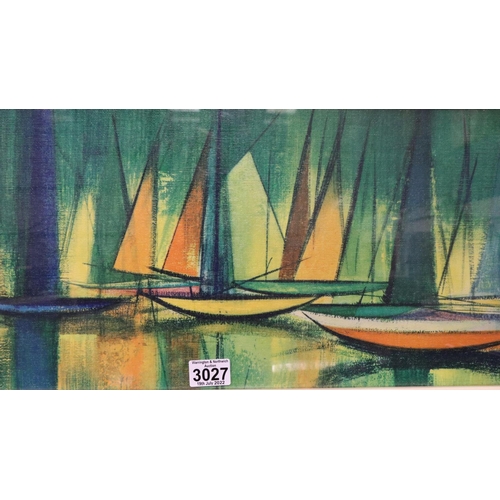 3027 - William Rutledge (Australian, 1924-1993): colour print, Boats in Blues and Greens, 27 x 72 cm. Not a... 