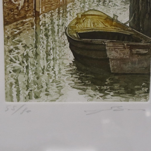 3030 - Ugo Baracco (b. 1949): coloured aquatint, Venetian Canal, signed in pencil, numbered 55/80, 45 x 28 ... 