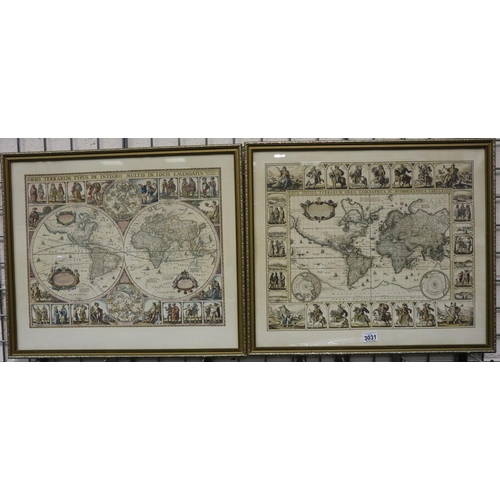 3031 - A pair of modern antiquarian style world maps, each 53 x 63 cm. Not available for in-house P&P, cont... 