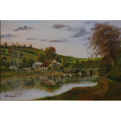 3032 - J Wilson-Hepburn (20th century): oil on canvas, river scene with swans and farm buildings, 48 x 74 c... 