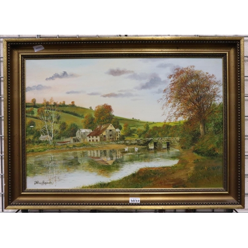 3032 - J Wilson-Hepburn (20th century): oil on canvas, river scene with swans and farm buildings, 48 x 74 c... 