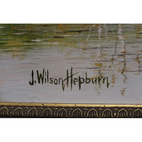 3032 - J Wilson-Hepburn (20th century): oil on canvas, river scene with swans and farm buildings, 48 x 74 c... 