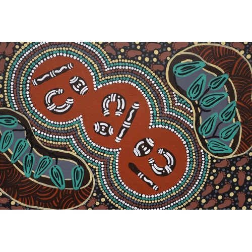 3038 - Gordon Wongway (contemporary): Aboriginal style mixed media, Spring, 24 x 38 cm. Not available for i... 