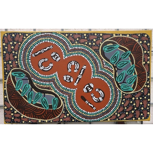 3038 - Gordon Wongway (contemporary): Aboriginal style mixed media, Spring, 24 x 38 cm. Not available for i... 