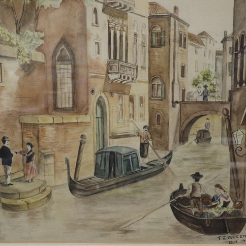 3042 - T E Green (20th century): watercolour, Venetian canal scene, signed and dated 1916, 25 x 40 cm. Not ... 