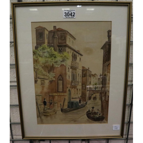 3042 - T E Green (20th century): watercolour, Venetian canal scene, signed and dated 1916, 25 x 40 cm. Not ... 