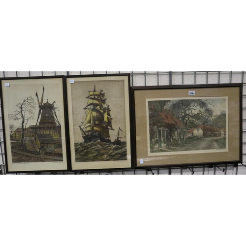 3044 - Carl Bosevang (Dutch, 1885-1970): three coloured engravings, Bavarian and Marine scenes, each signed... 