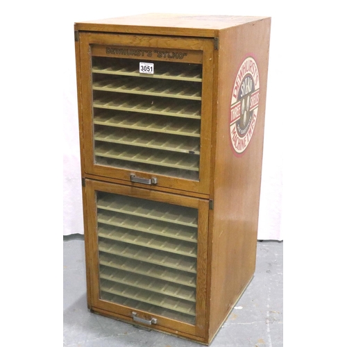 3051 - Oak Dewhursts Sylko cotton dispensing cabinet, front lift up glazed doors with metal slides, decals ... 