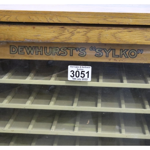 3051 - Oak Dewhursts Sylko cotton dispensing cabinet, front lift up glazed doors with metal slides, decals ... 