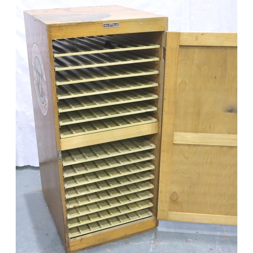 3051 - Oak Dewhursts Sylko cotton dispensing cabinet, front lift up glazed doors with metal slides, decals ... 