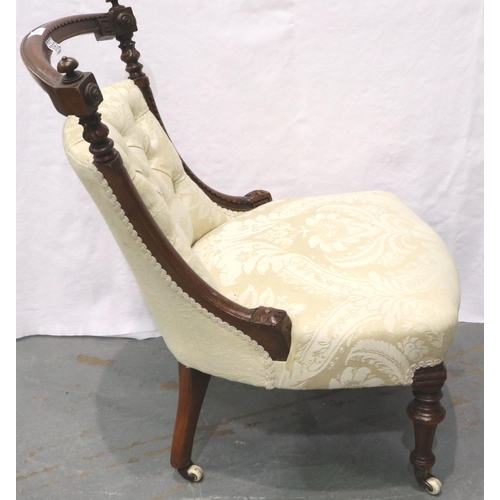 3062 - A Victorian walnut framed low seated parlour chair, more recently upholstered. Not available for in-... 