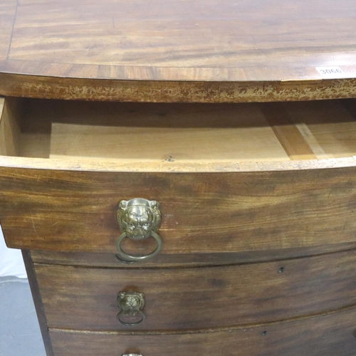 3066 - A George III inlaid walnut chest of four long drawers, bow front with lion mask handles, 101 x 56 x ... 