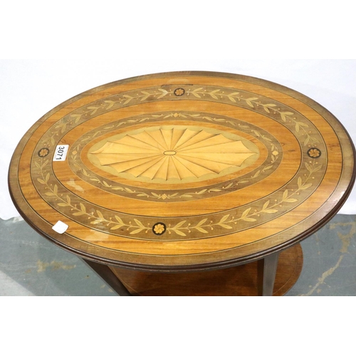 3071 - An early 20th century marquetry inlaid walnut oval table, having under shelf and shaped tapering sup... 