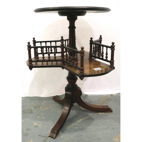 3074 - An unusual burr walnut etagere, in the form of a lamp table with three open galleried shelves below,... 