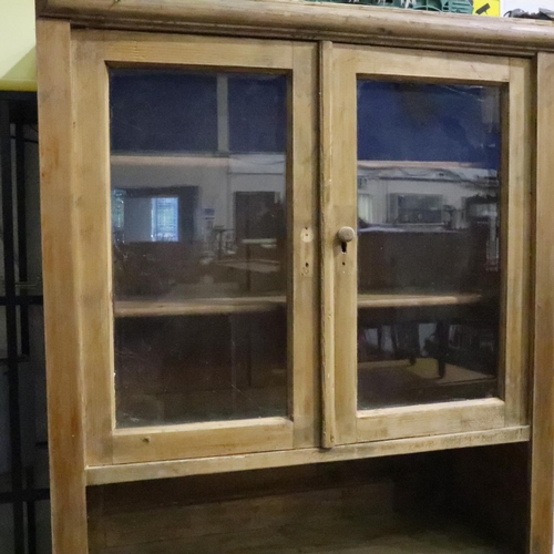 3097 - A Victorian distressed pine kitchen dresser with two glazed doors and two cupboard doors, 95 x 51 x ... 