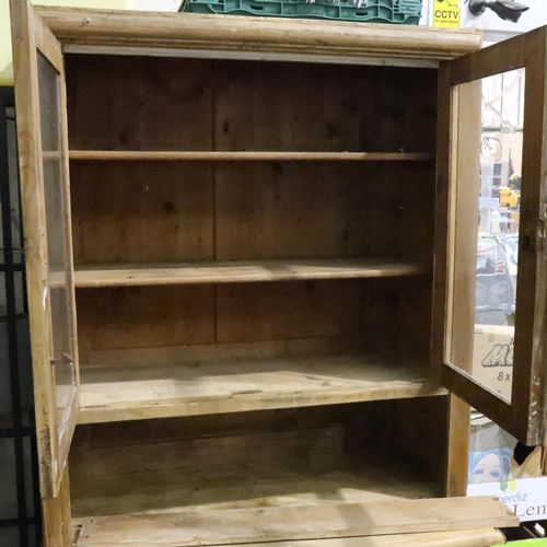 3097 - A Victorian distressed pine kitchen dresser with two glazed doors and two cupboard doors, 95 x 51 x ... 