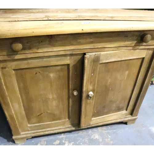 3097 - A Victorian distressed pine kitchen dresser with two glazed doors and two cupboard doors, 95 x 51 x ... 