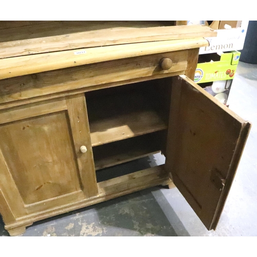 3097 - A Victorian distressed pine kitchen dresser with two glazed doors and two cupboard doors, 95 x 51 x ... 