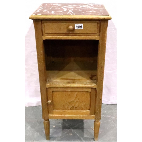 3098 - A late 19th century French oak pot cupboard with rouge marble inset top and single door cupboard, 38... 