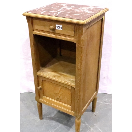 3098 - A late 19th century French oak pot cupboard with rouge marble inset top and single door cupboard, 38... 