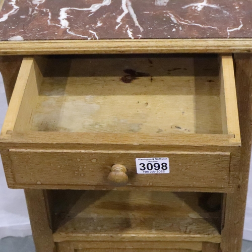 3098 - A late 19th century French oak pot cupboard with rouge marble inset top and single door cupboard, 38... 