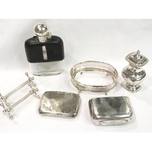 177 - Hallmarked silver cigarette case and dish stand, combined weight 103g, and a quantity of silver plat... 