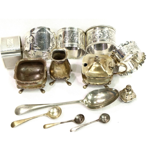 179 - Collection of mixed hallmarked silver napkin rings, mustard pots and spoons etc (12) 238g. P&P Group... 