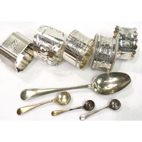 179 - Collection of mixed hallmarked silver napkin rings, mustard pots and spoons etc (12) 238g. P&P Group... 