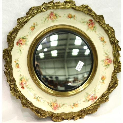 206 - Large unusual convex fish eye mirror with Staffordshire Pottery base and gilt metal border, D: 40 cm... 